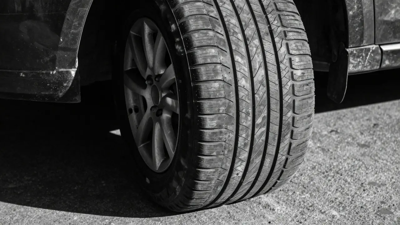 Black and white photo of a tire with uneven cupped tread pattern