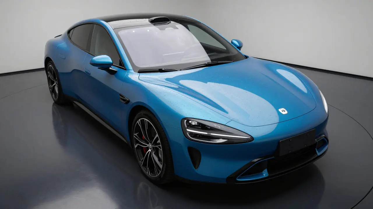 Blue show car with mirror finish and water beads on hood