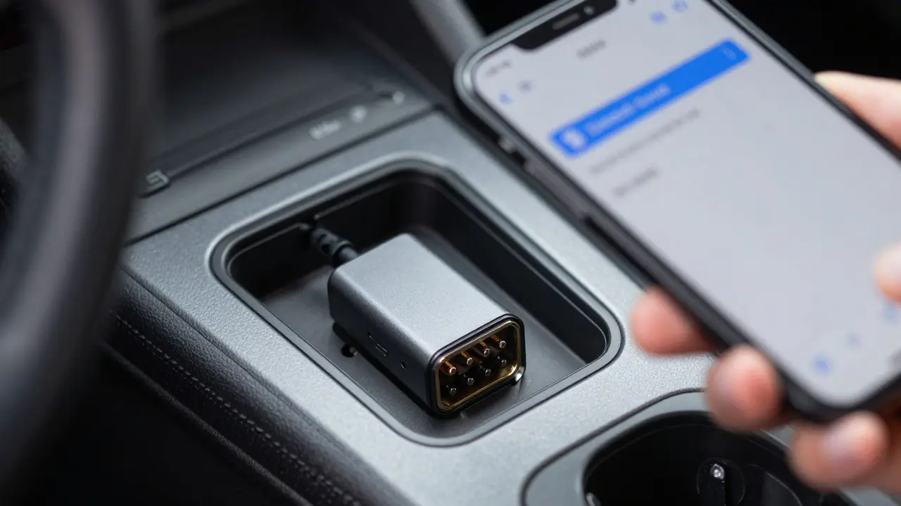 Bluetooth OBD-II adapter connected to a car's diagnostic port