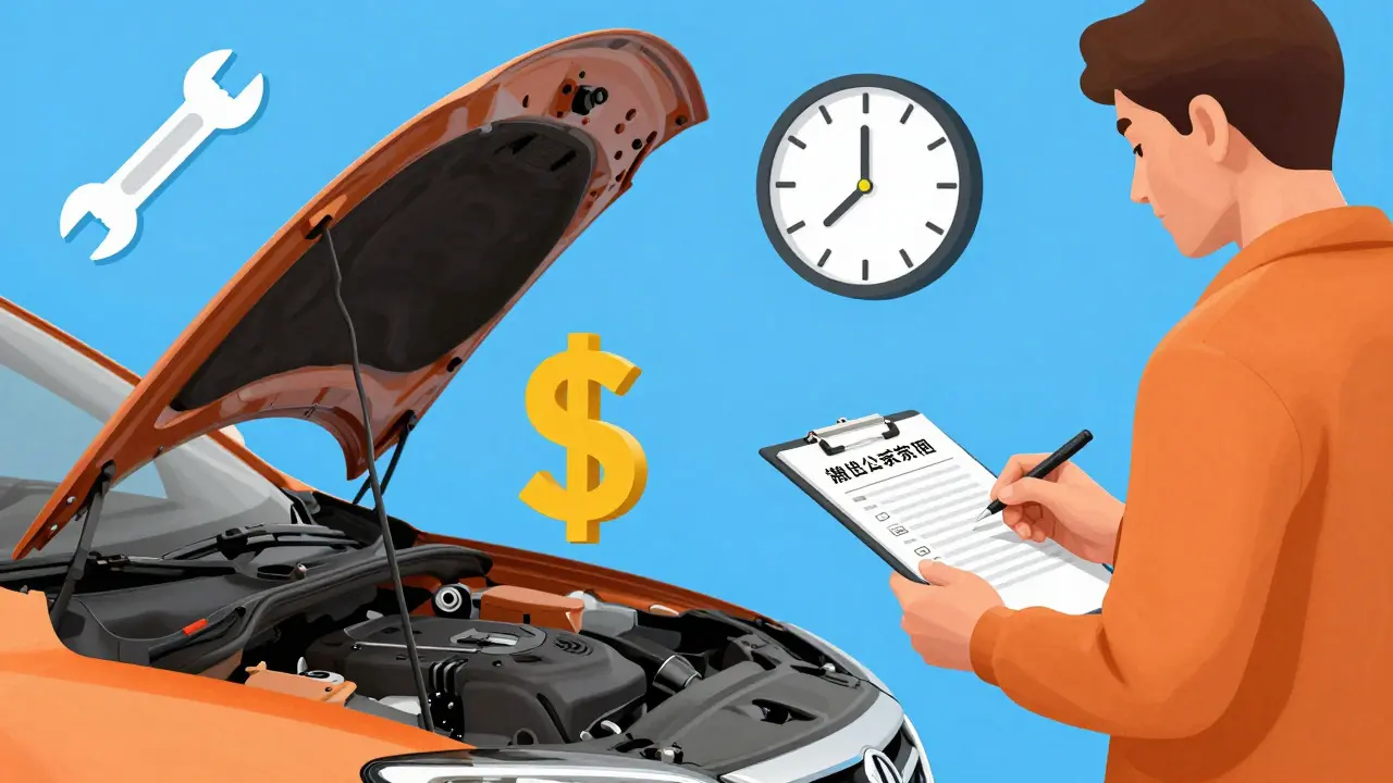Buyer reviewing inspection notes next to an open car hood