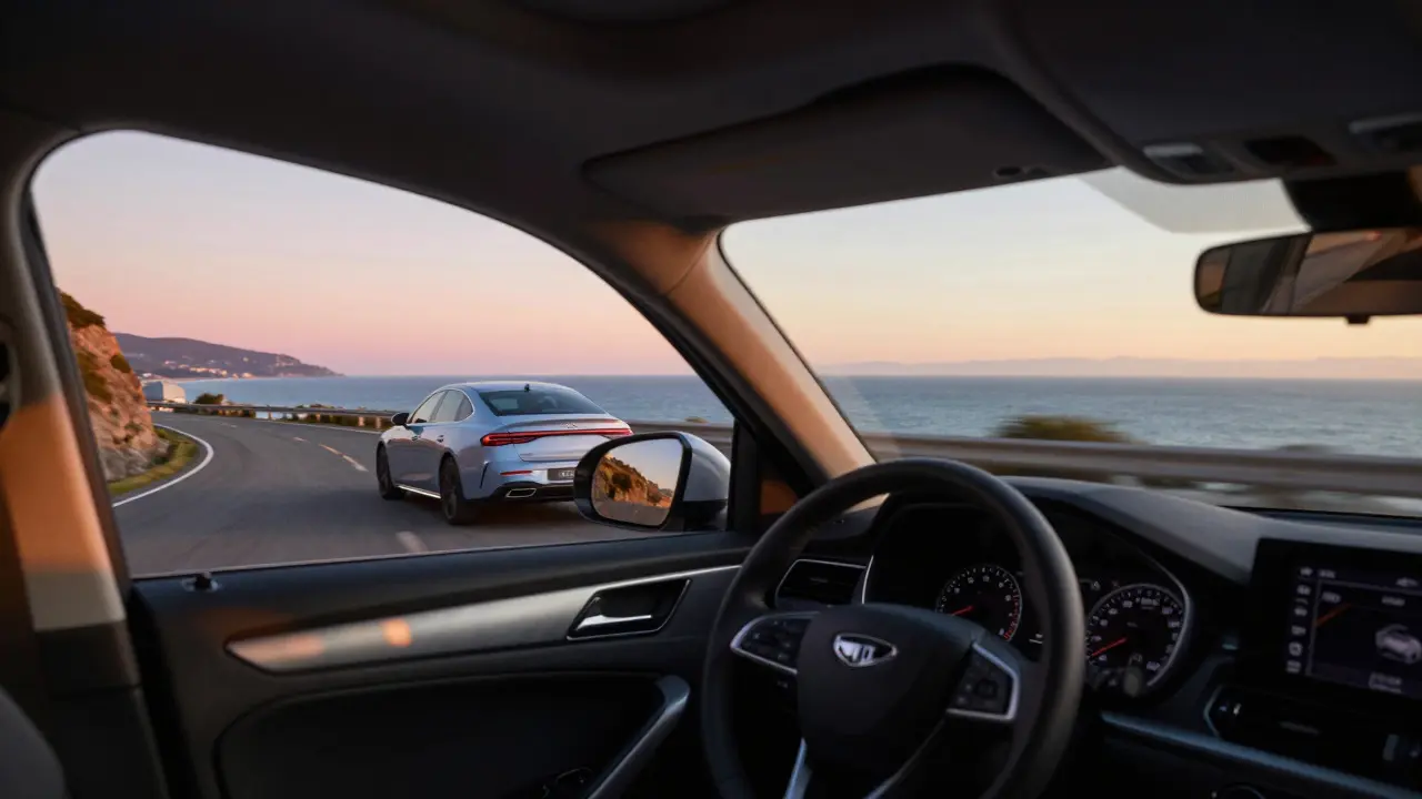 Car driving on a coastal road during sunset for a test drive