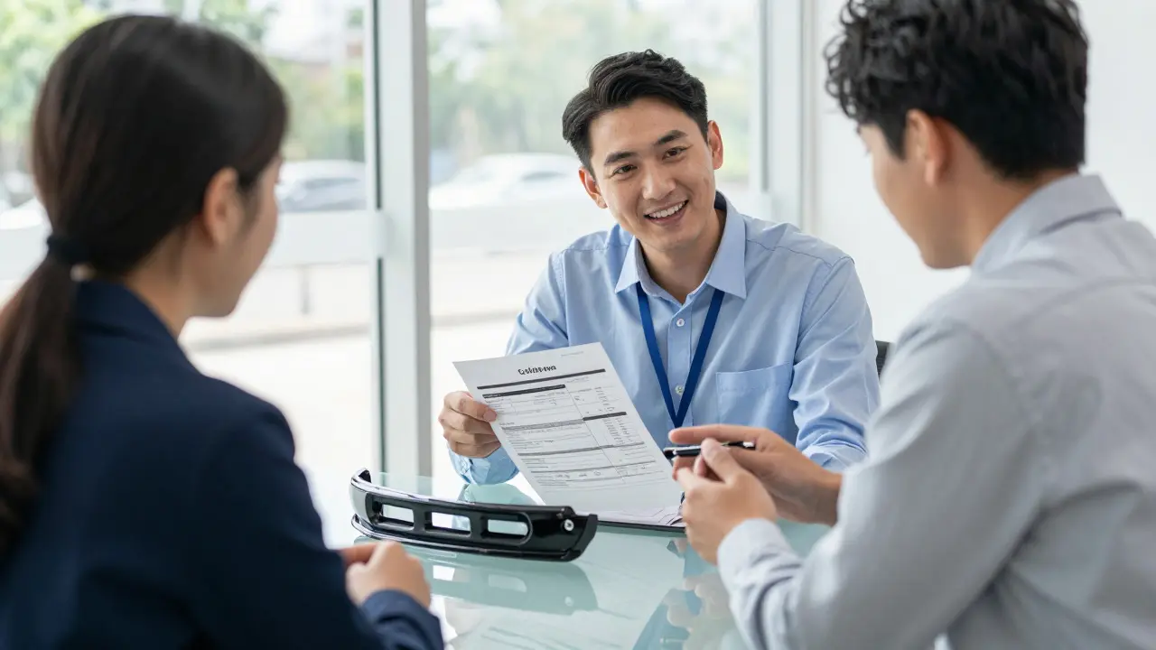 Car owner and adjuster reviewing repair estimate and parts