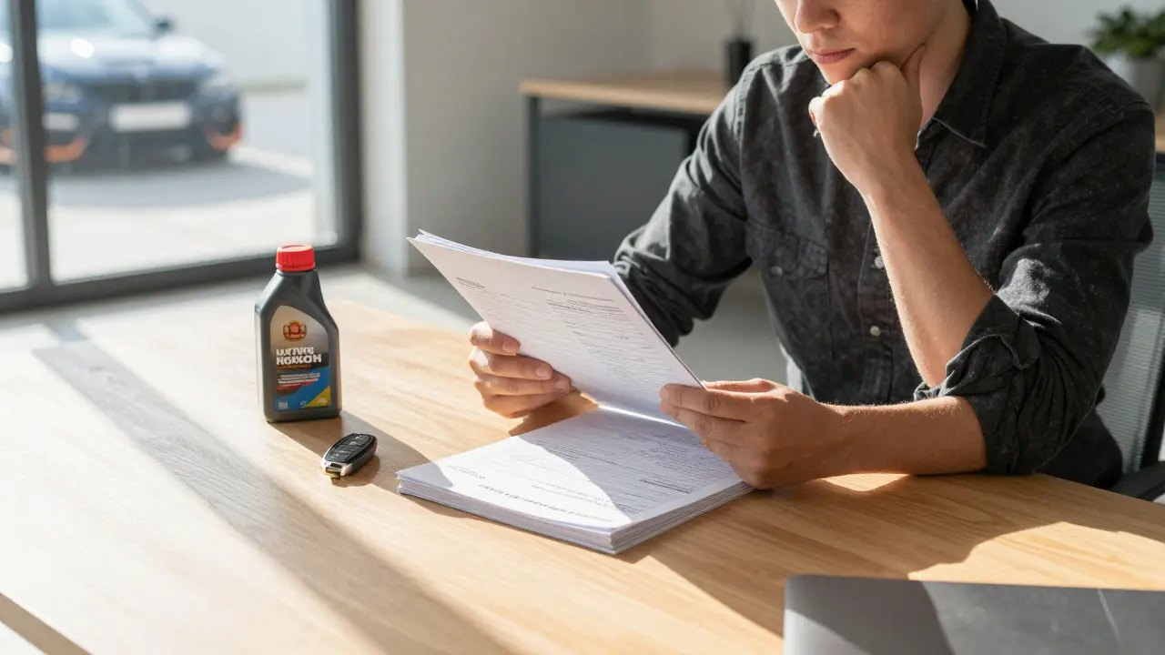 Car owner reviewing maintenance records and receipts at a desk