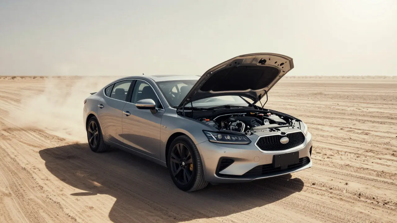 Car parked in hot desert sun with hood open for AC inspection