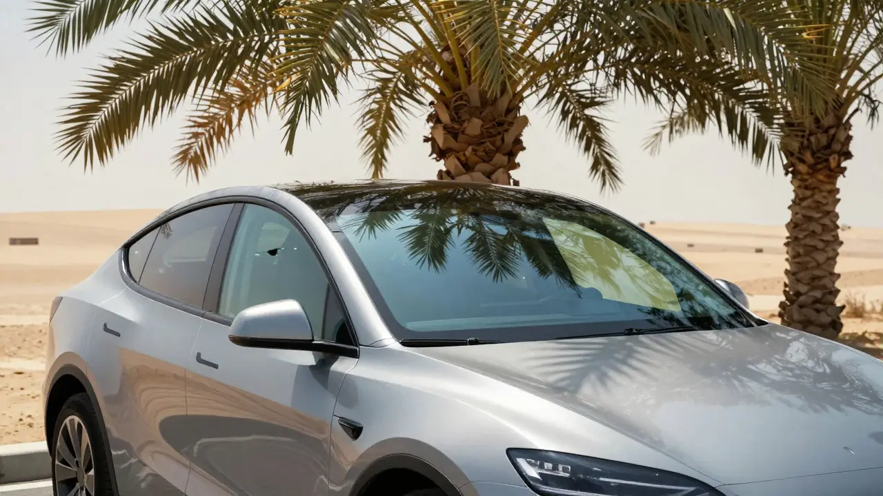Car parked in the shade of a palm tree to protect window tint from extreme heat