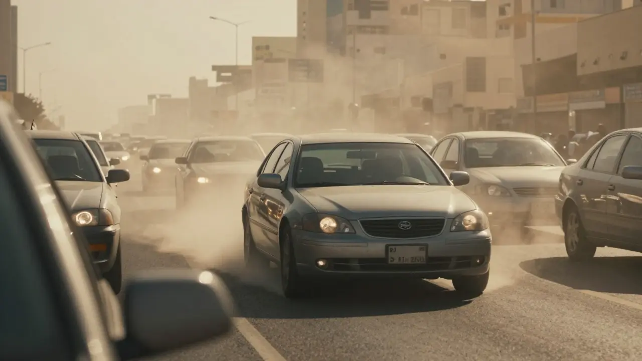 Car stuck in dusty Dubai traffic demonstrating heat soak
