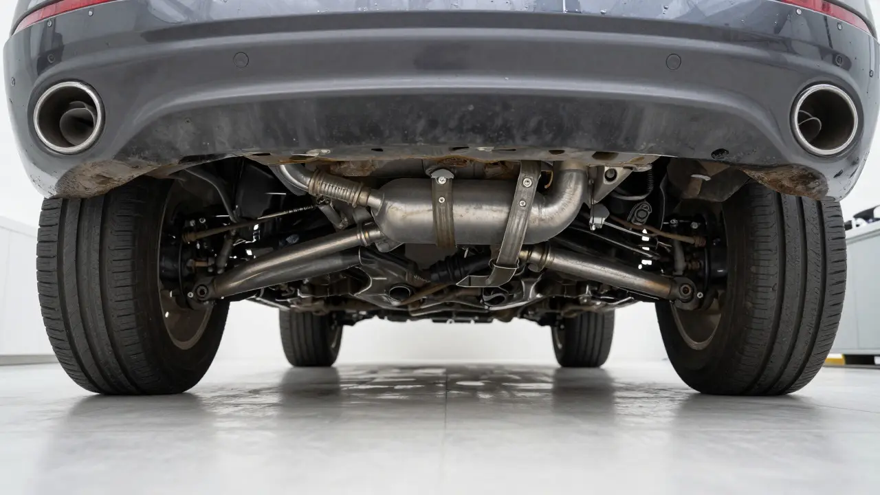 Clean and shiny car undercarriage ready for inspection in a workshop