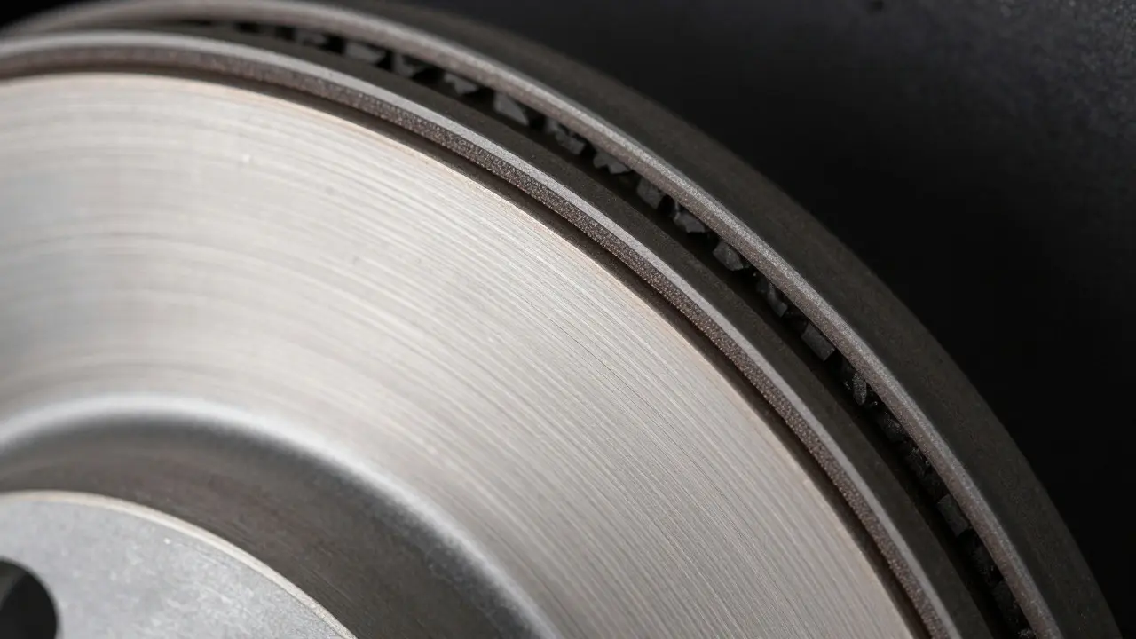 Close-up of a brake rotor showing an even dark ring of transferred friction material