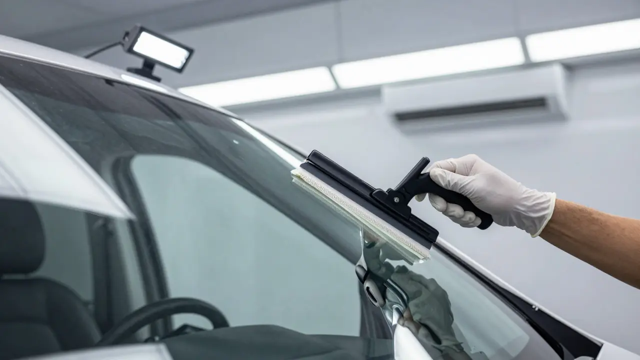 Close-up of a technician applying adhesive to a new windshield inside a mobile van.