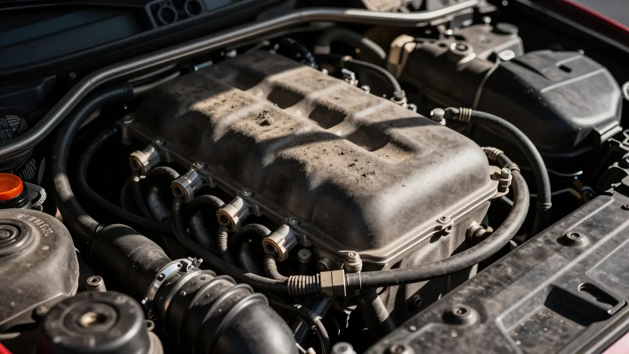 Close-up of an Audi engine bay showing dust and heat-stressed components