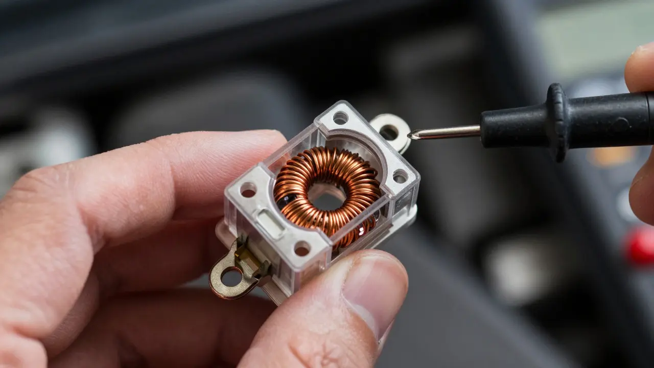 Close-up of an open automotive relay with a multimeter probe nearby