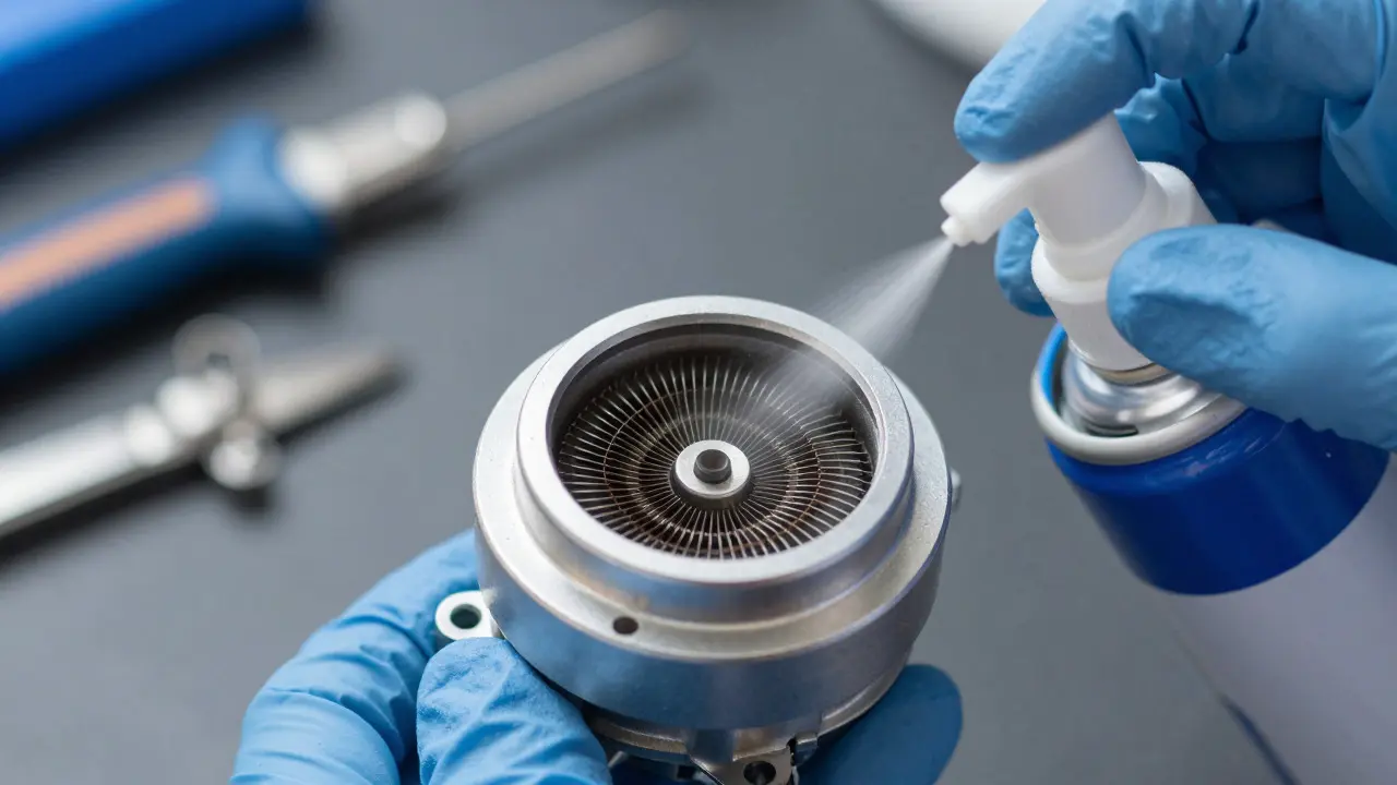 Close-up of cleaning a mass airflow sensor with spray