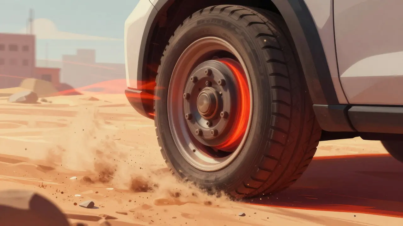 Close-up of hot tire and brake disc with dust and heat distortion