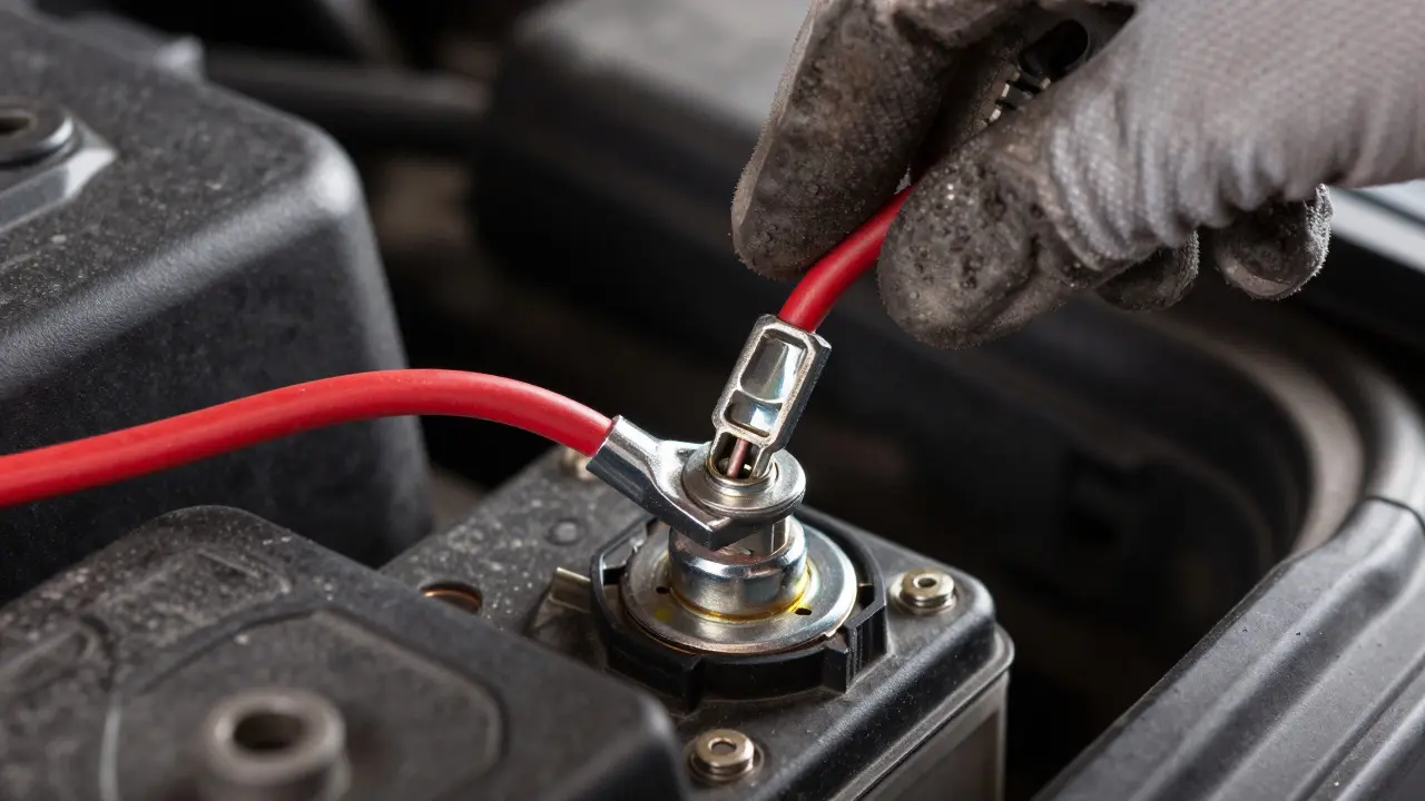 Close-up of securing a red cable and fuse to a car battery terminal