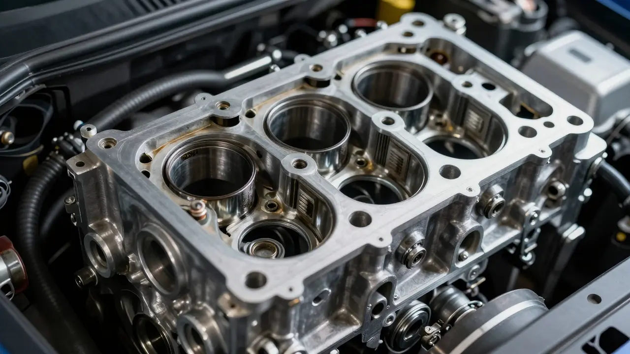 Close-up of worn piston rings and valve seals in an engine