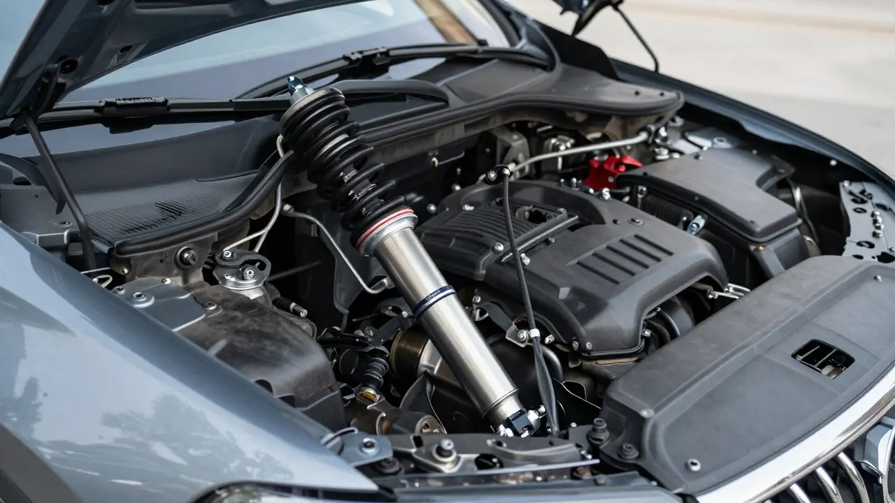 Close-up view of a car's front suspension system showing a MacPherson strut and coil spring