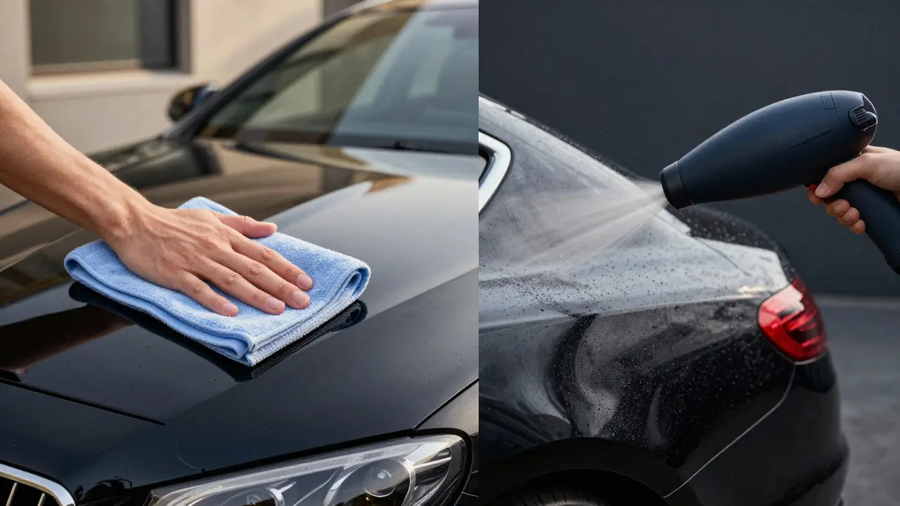 Comparison of hand drying with a towel versus air blowing on a black car