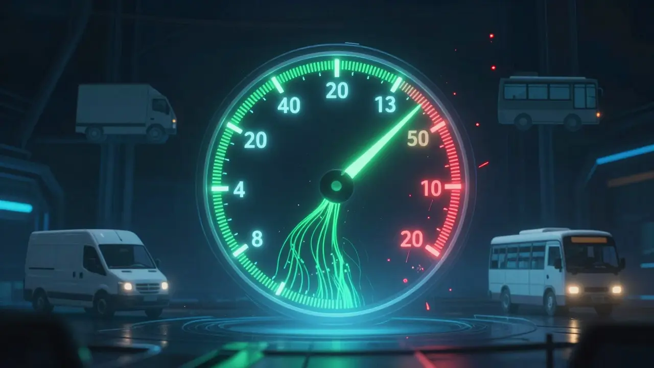 Conceptual art of a glowing uptime gauge surrounded by vehicle silhouettes