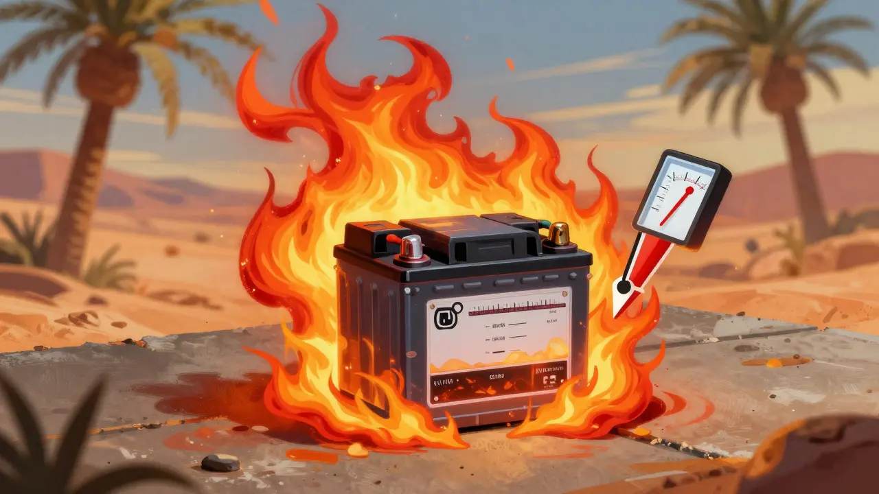 Conceptual art showing a car battery surrounded by heat waves and a low voltage indicator
