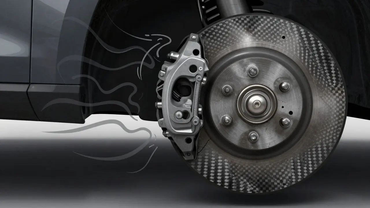 Conceptual art showing brake vibration, micro-cracks, and wear indicators on carbon discs