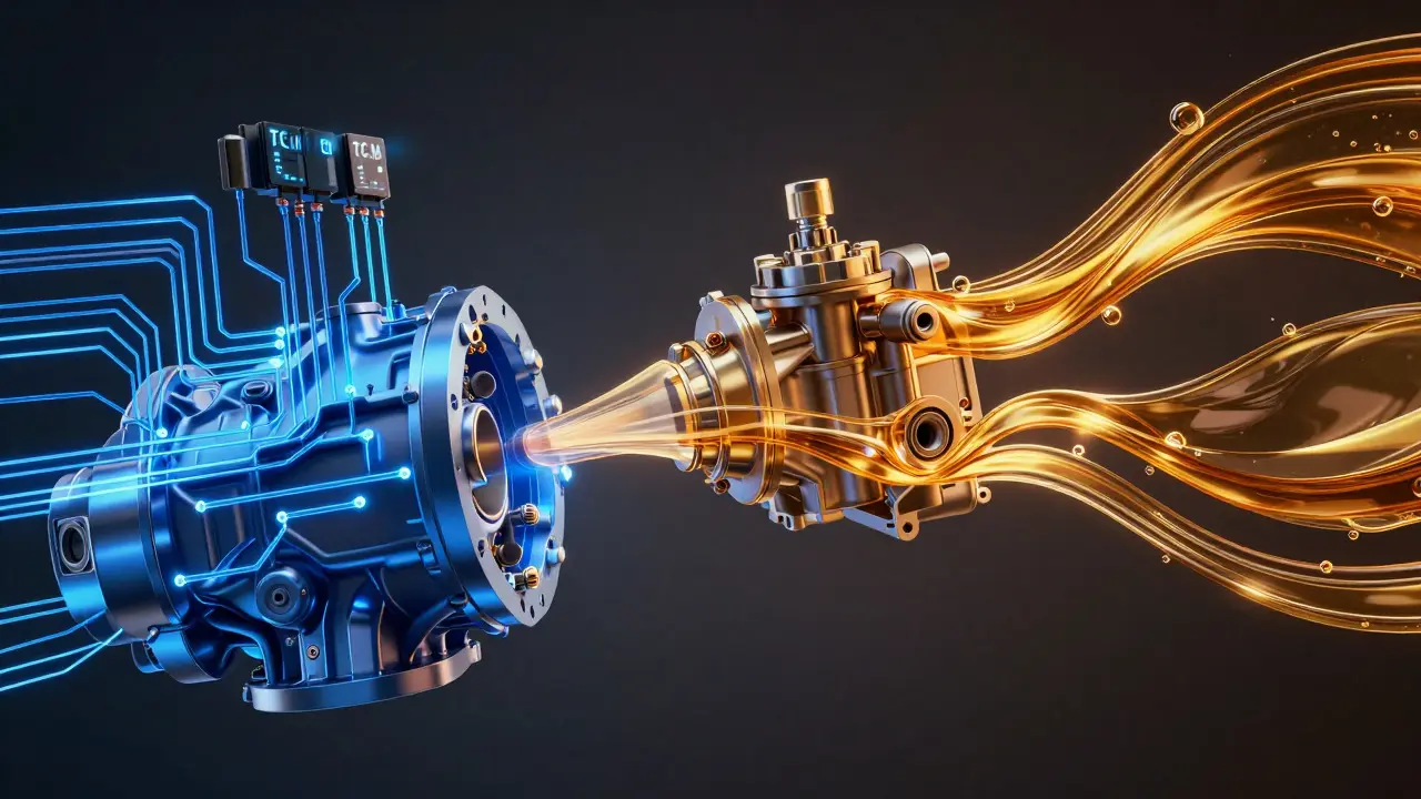 Conceptual art showing the link between electrical signals and hydraulic fluid