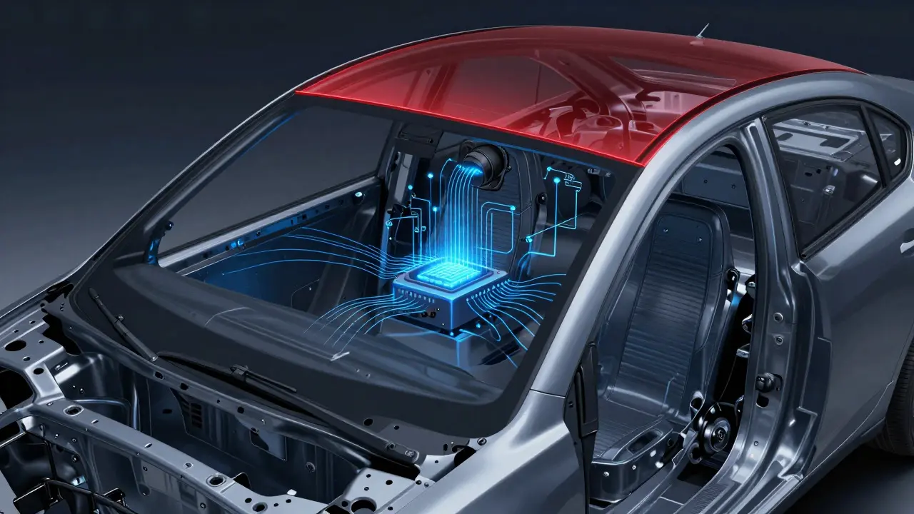 Conceptual cutaway view showing vehicle chassis alignment and ADAS sensor data flow