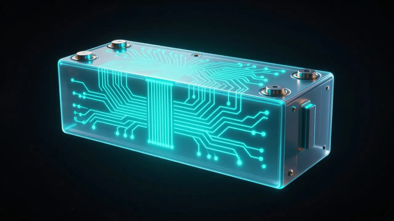 Conceptual illustration of a glowing lithium-ion battery pack showing internal health
