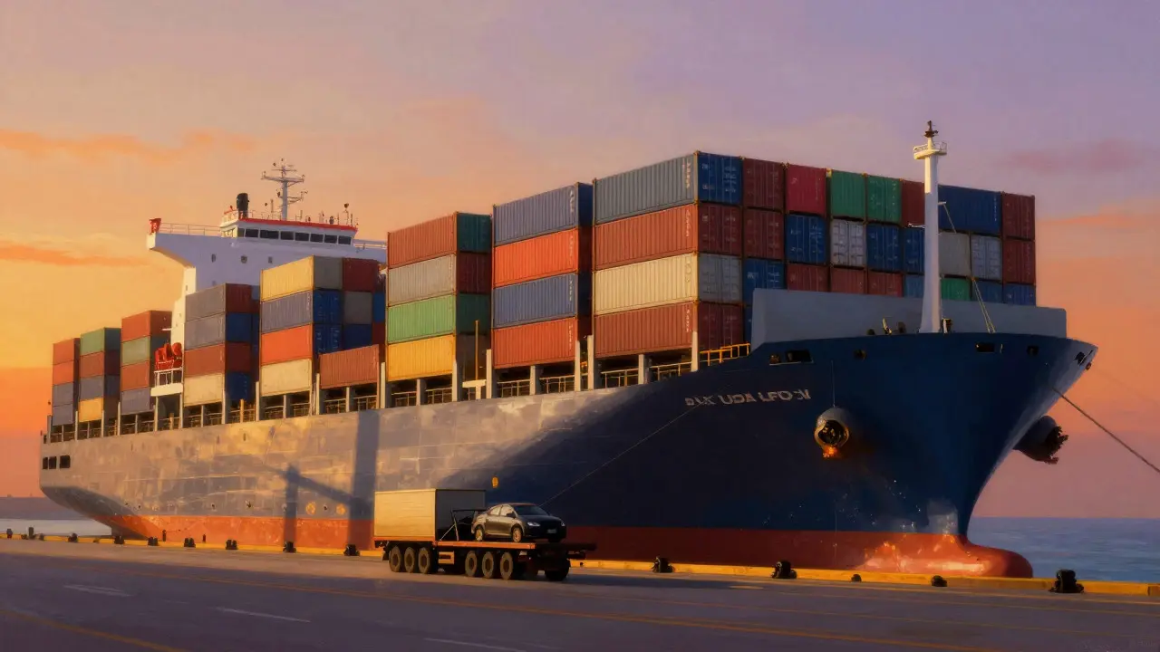 Container ship at a UAE port during sunset with a car being loaded