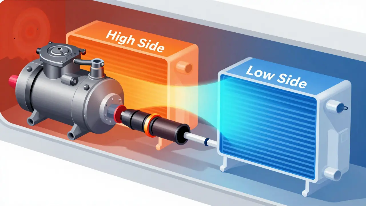 Cross-section illustration showing high and low pressure sides of an automotive AC system