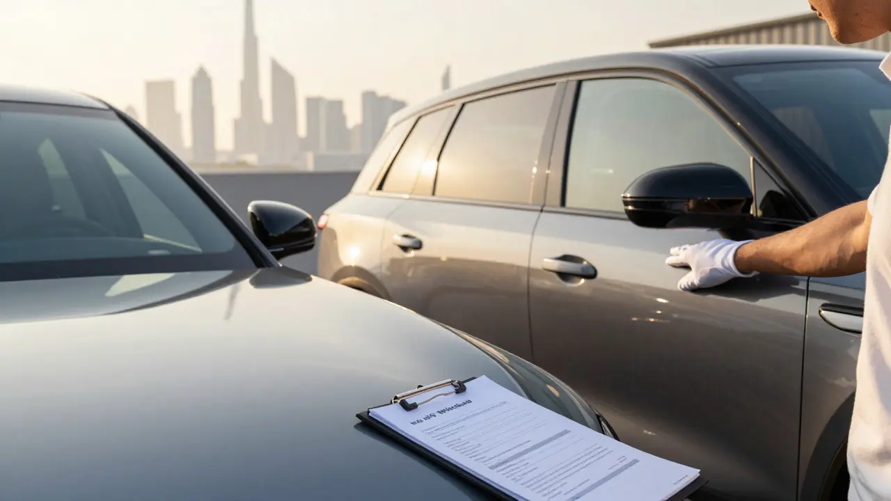 Customer inspecting the glossy finish of a newly painted SUV in daylight with a warranty document nearby