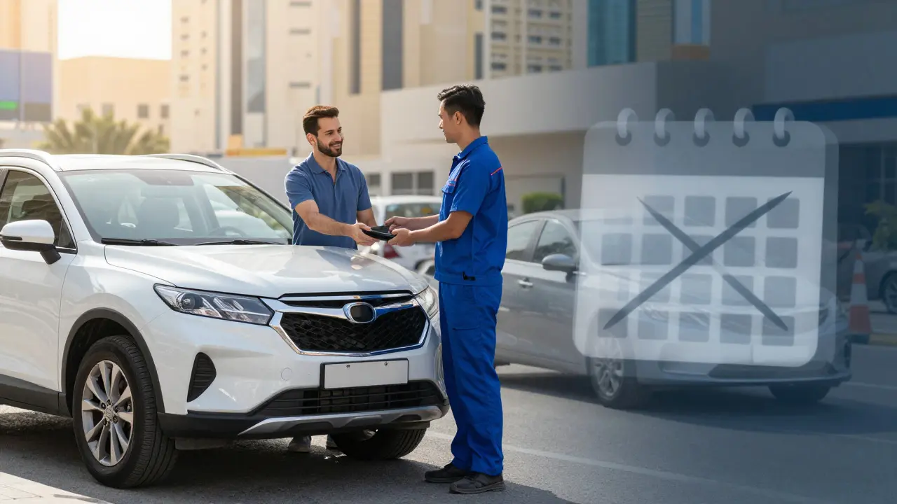 Customer receiving repaired car while faded rental car represents delay