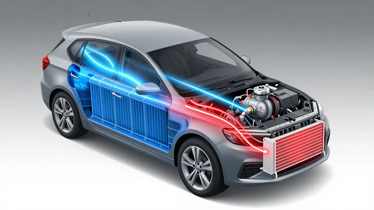 Cutaway diagram illustrating the refrigerant cycle in a car air conditioning system
