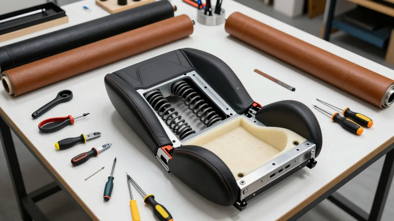 Disassembled car seat frame and tools in an upholstery workshop