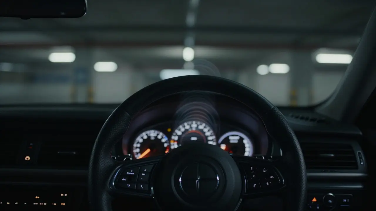 Driver's view of a steering wheel with visual sound waves indicating mechanical noise