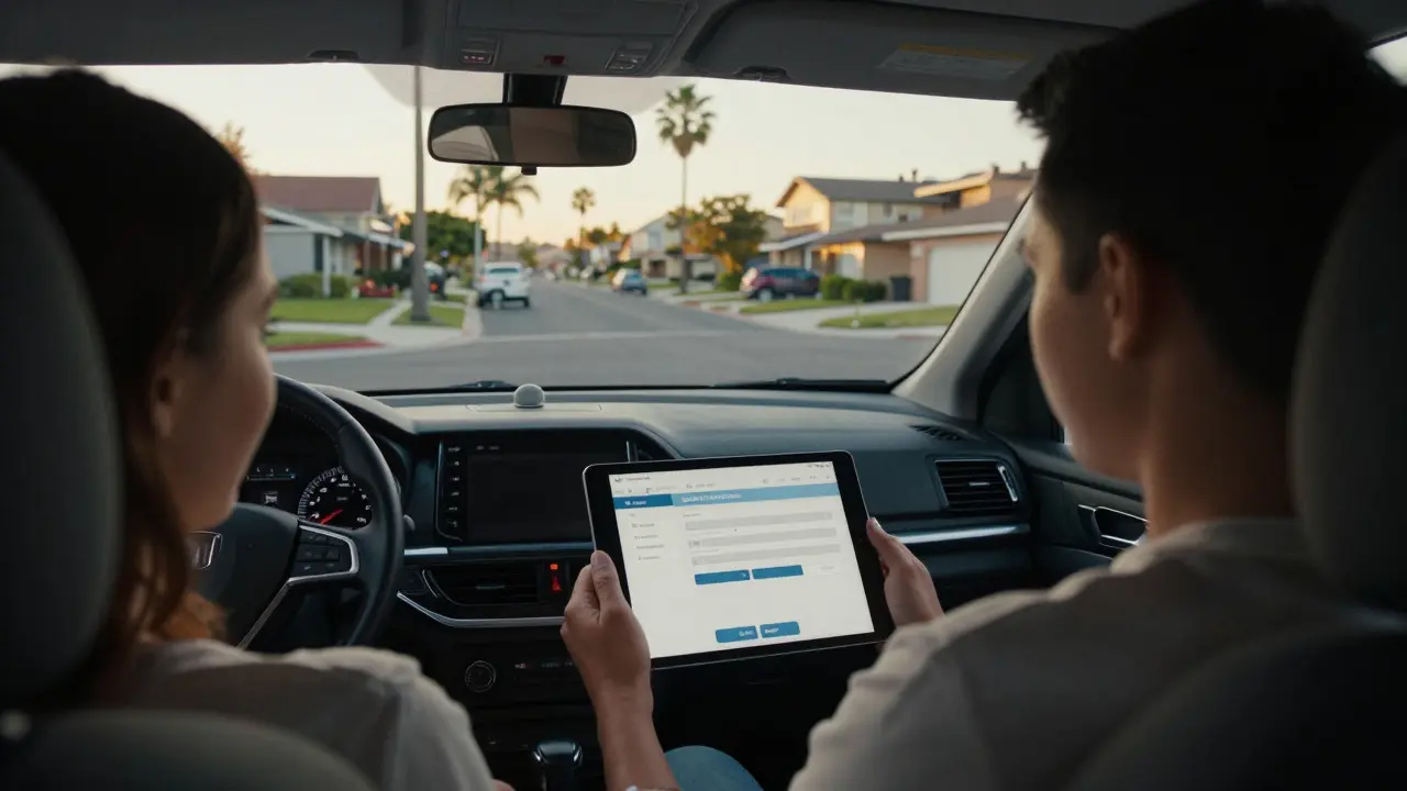 Driver checking a tablet booking confirmation in a car near a residential area