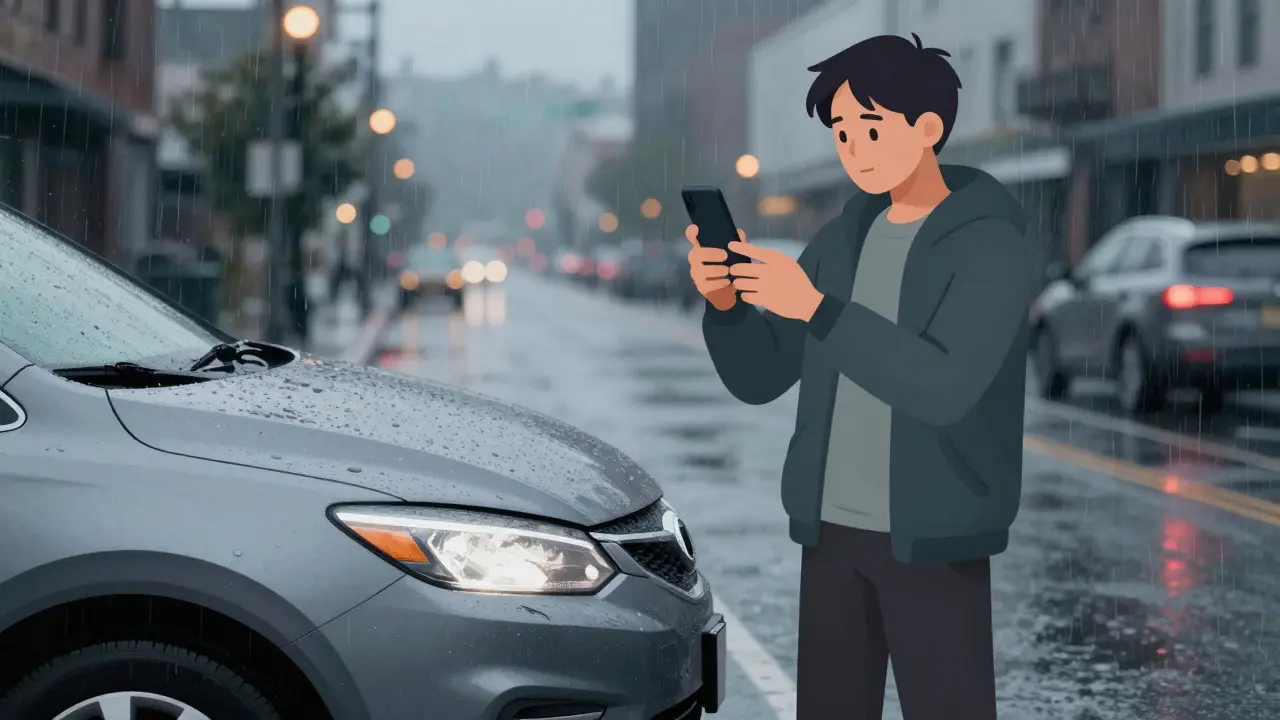 Driver photographing car dent in rainy urban street at dusk