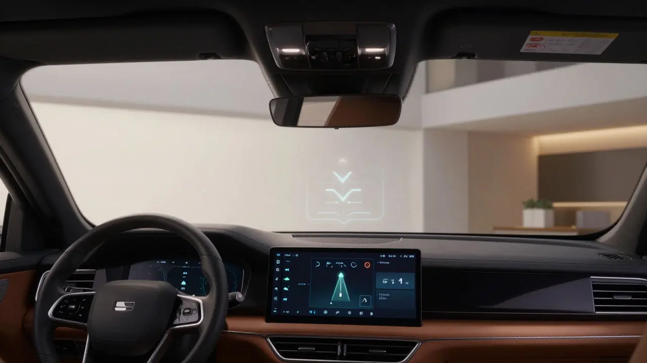 Driver view of a luxury car with active heads-up display on windshield