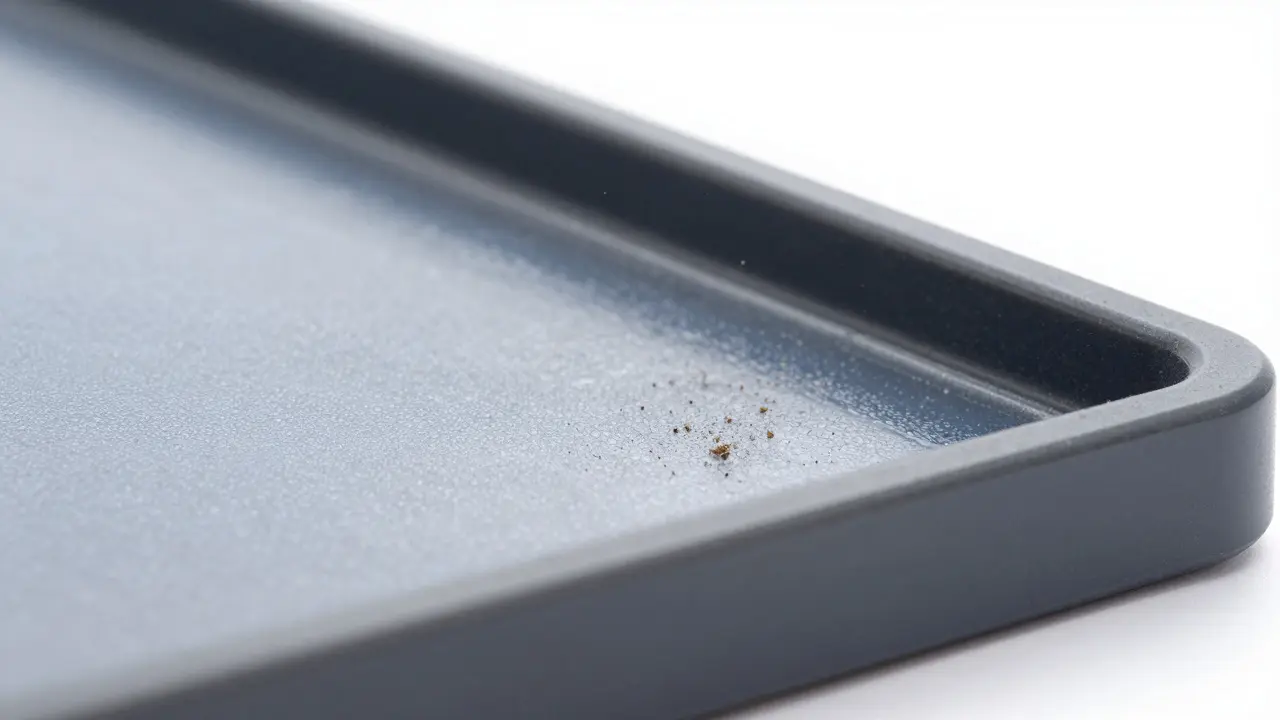 Dust sliding off a treated plastic dashboard surface in macro view