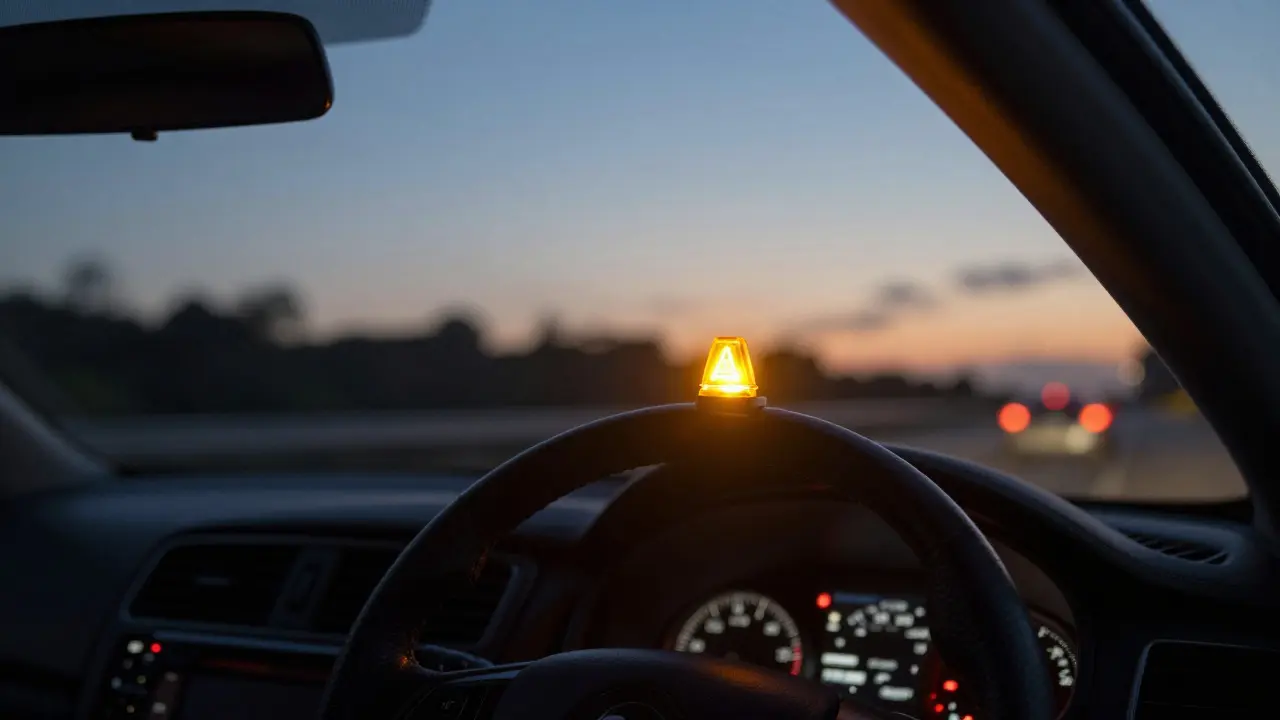 Flashing check engine light illuminating a car dashboard during twilight.