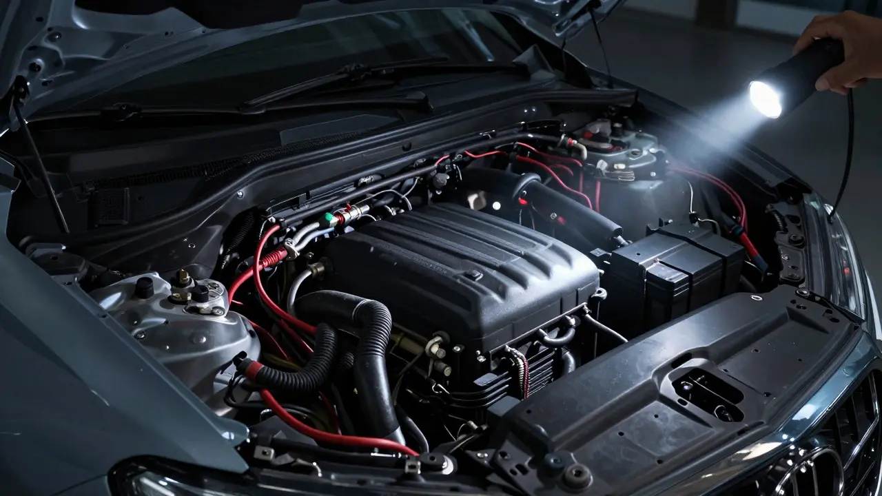 Flashlight illuminating wiring and a fuse box in a car engine bay