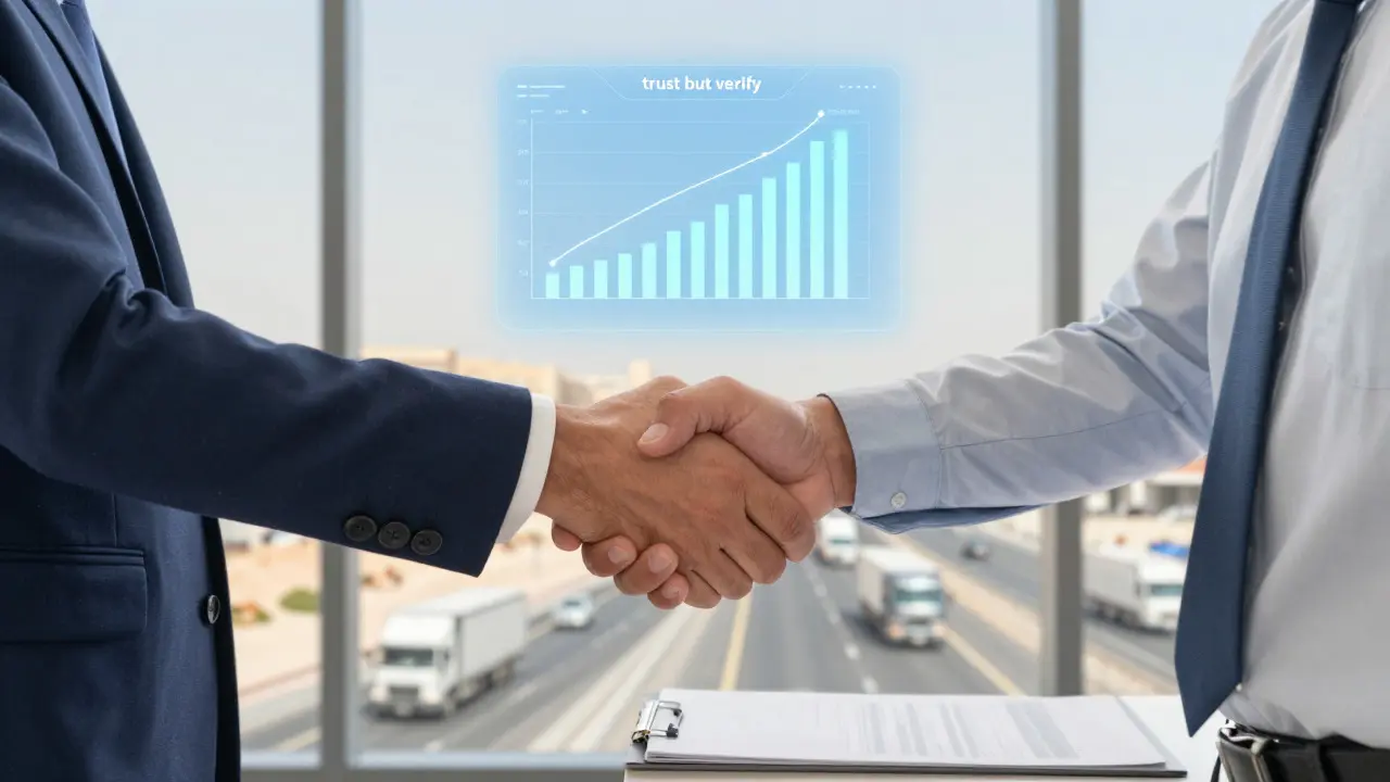 Fleet manager and vendor shaking hands over a digital contract in an office