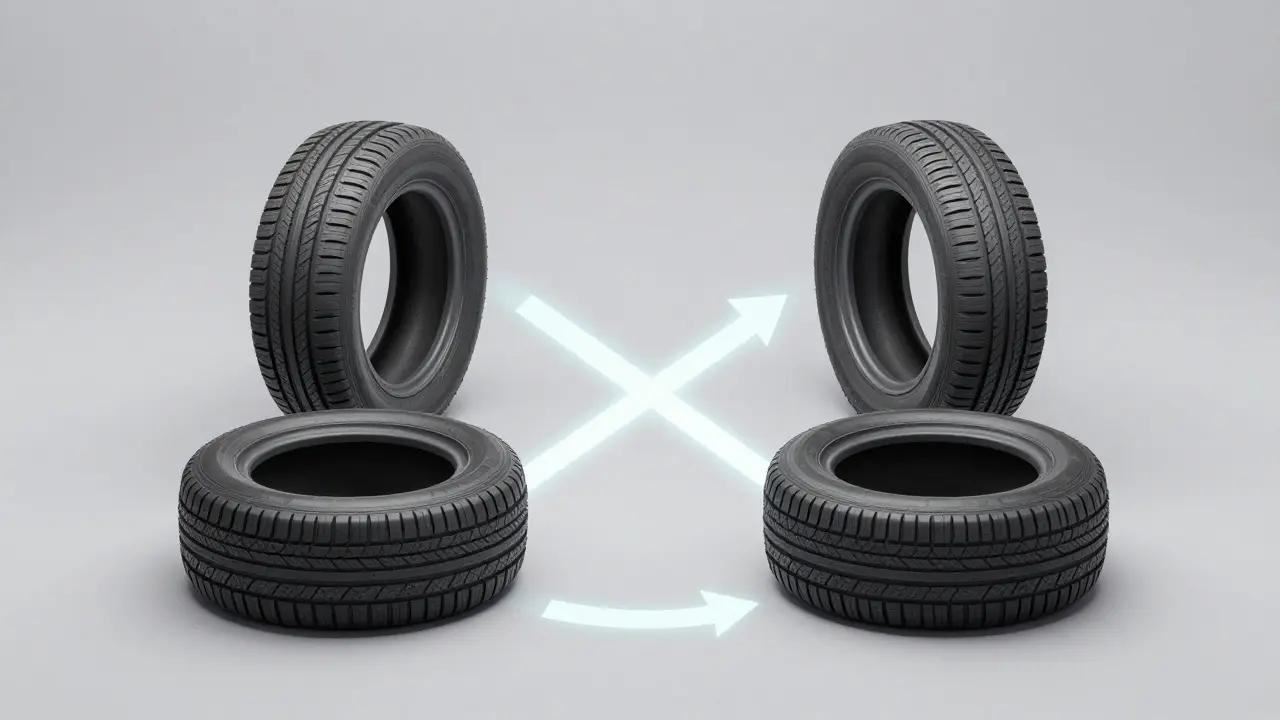 Four car tires arranged in a circle illustrating rotation patterns