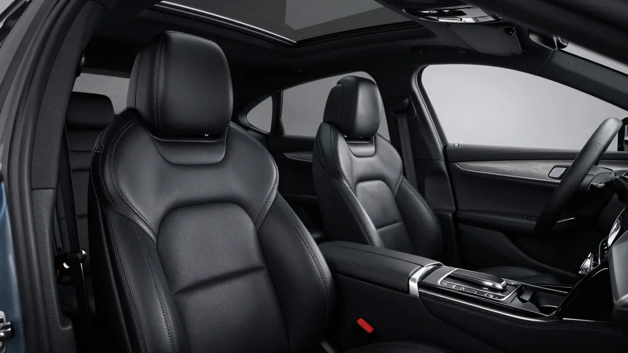Freshly re-upholstered black leather seats in a modern car interior