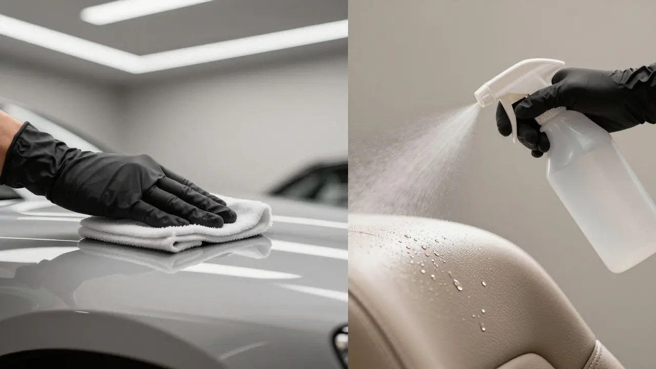 Hand applying nano-spray to a car center console with microfiber