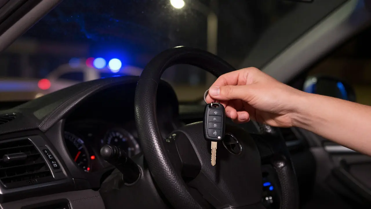 Hand holding car keys near a locked wheel with police lights