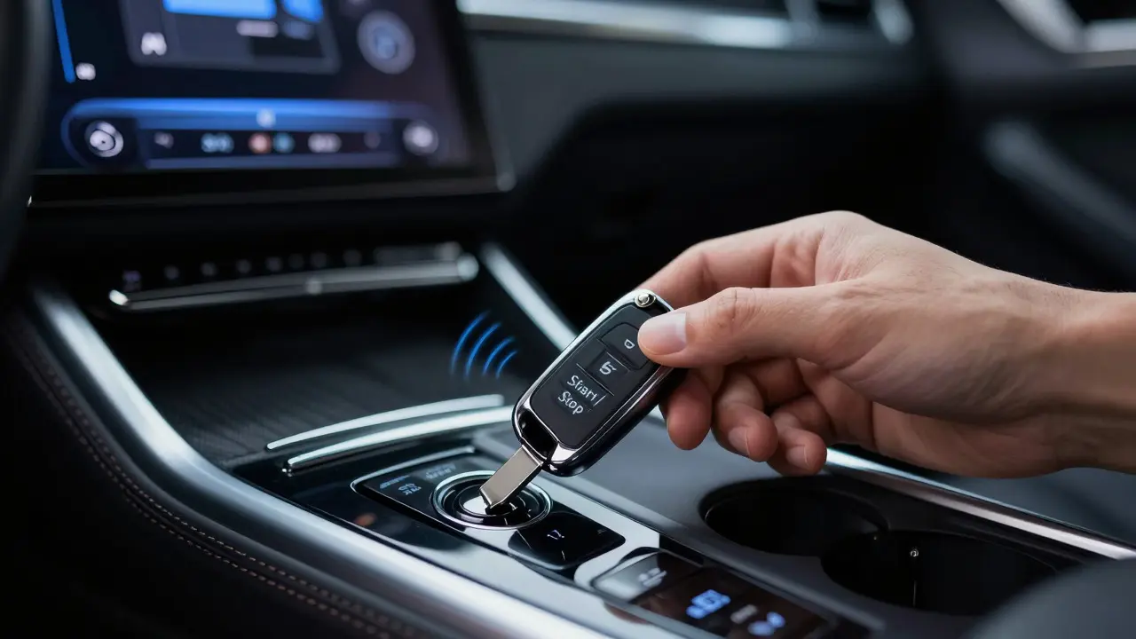 Hand pressing a key fob against a car's push-button start while dashboard lights glow.