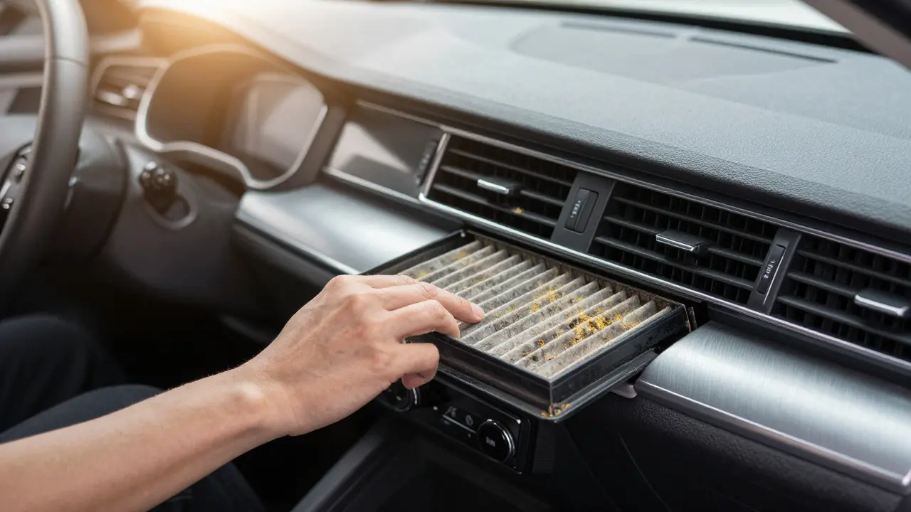 Hand removing a dirty cabin air filter from a car's glove compartment