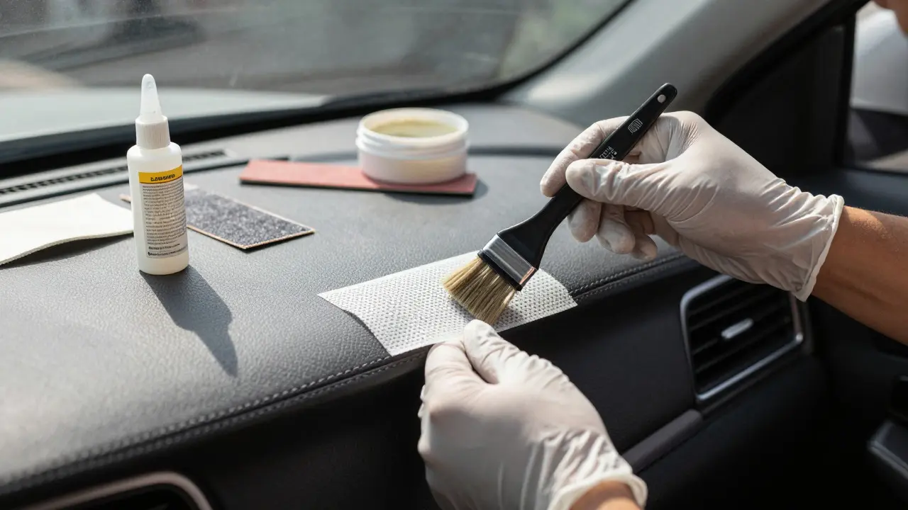 Hands applying adhesive to a mesh backing tape for leather repair