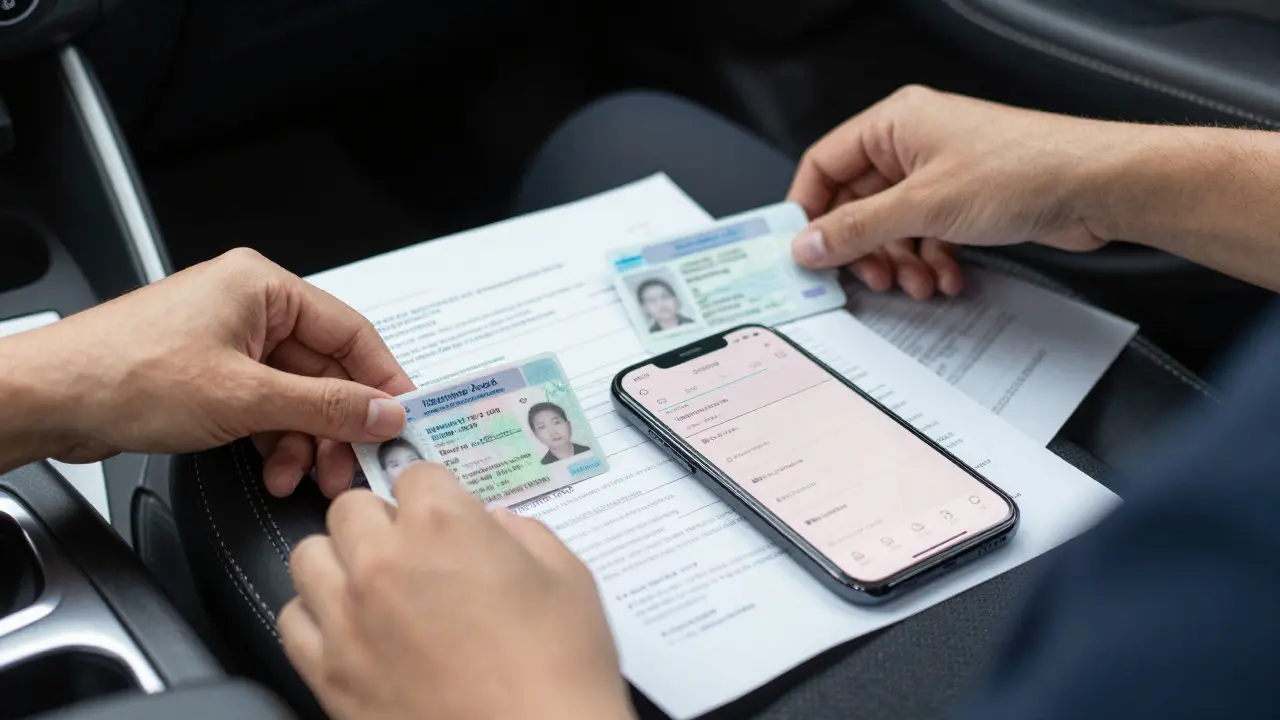 Hands organizing insurance documents and a phone on a car seat during a claim preparation