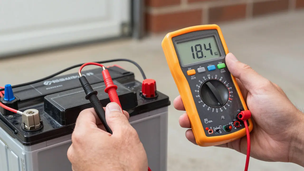 Hands using a multimeter to test car battery voltage in a garage